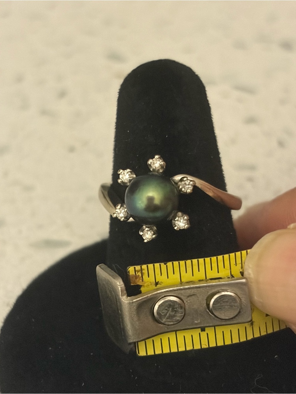 Vintage 14K White Gold Tahitian Pearl & Diamond Starburst Ring, Size 5-3/4 to 6
